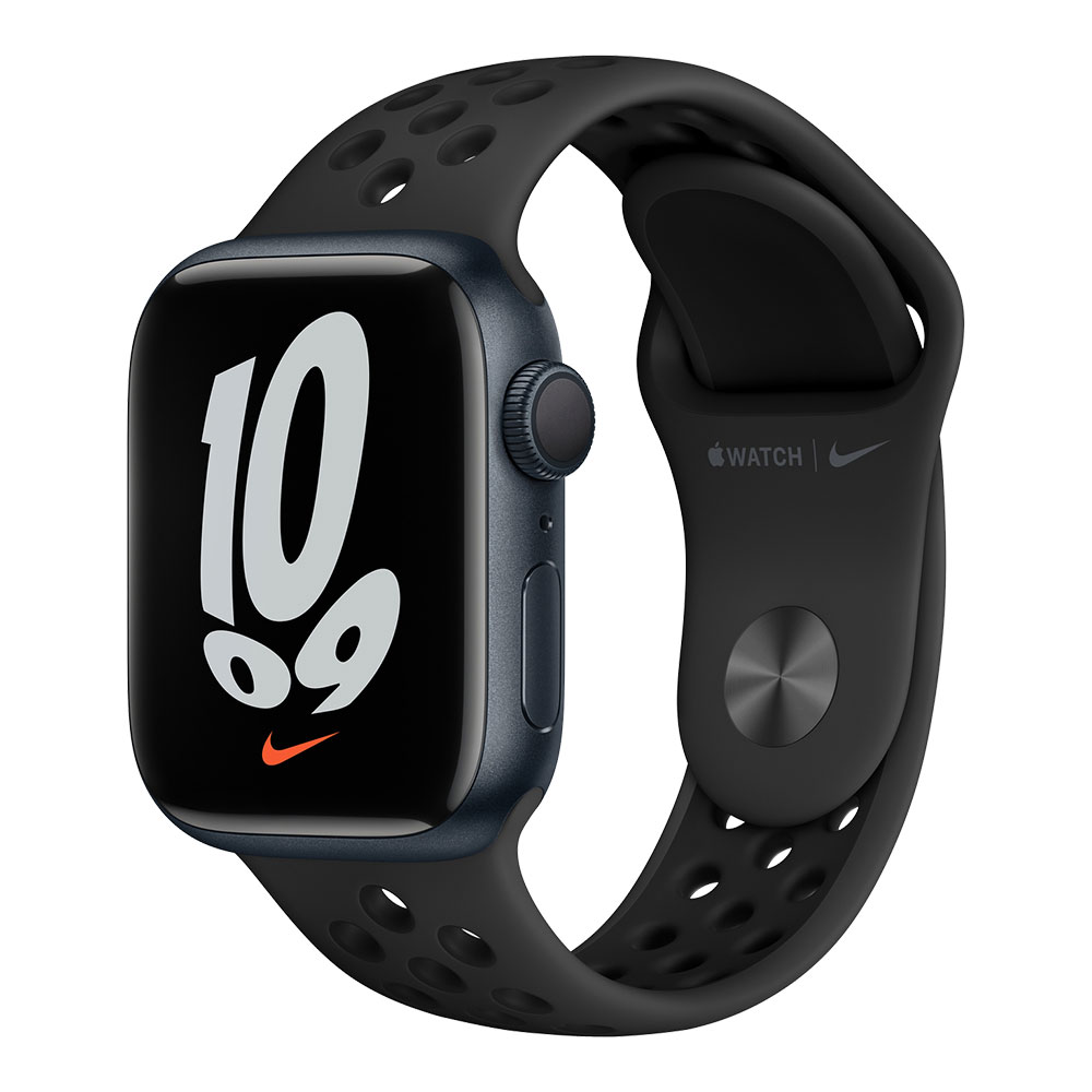 Apple Watch Nike Series 7, 41 мм, корпус цвета тёмная ночь, ремешок цвета антрацитовый/чёрный