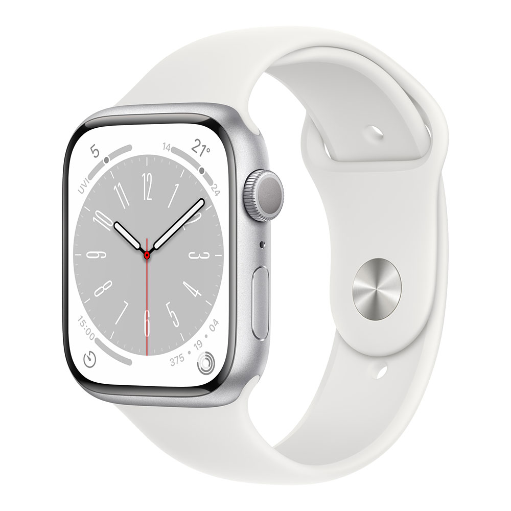 Apple Watch Series 8, 45 мм, корпус серебристого цвета, ремешок белого цвета
