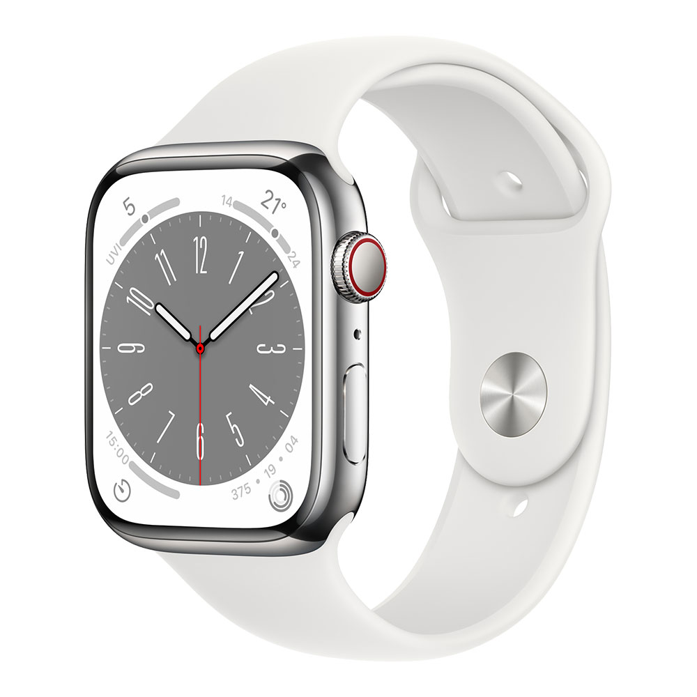 Apple Watch Series 8, 45 мм, cellular, корпус серебристого цвета, ремешок белого цвета