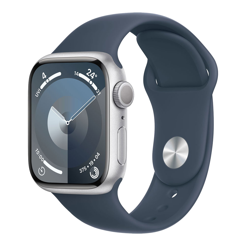 Apple Watch Series 9, 41 мм, корпус серебристого цвета, ремешок тёмно-синего цвета S/M