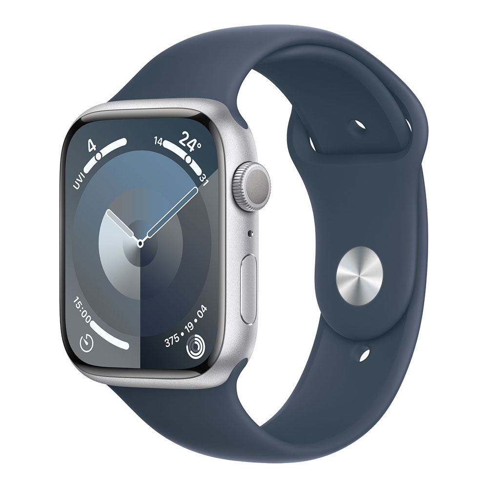Apple Watch Series 9, 45 мм, корпус серебристого цвета, ремешок тёмно-синего цвета M/L