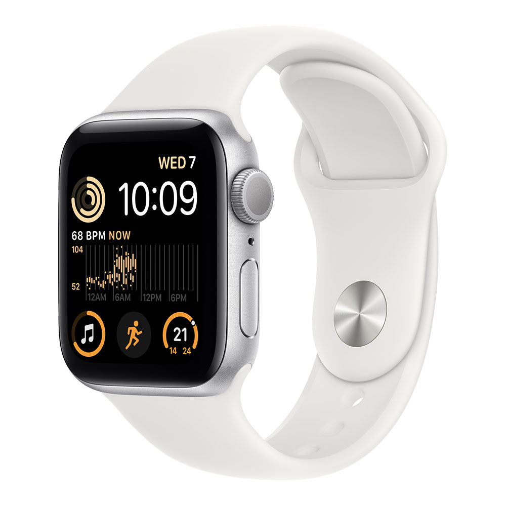 Apple Watch SE, 40 мм, корпус серебристого цвета, ремешок белого цвета