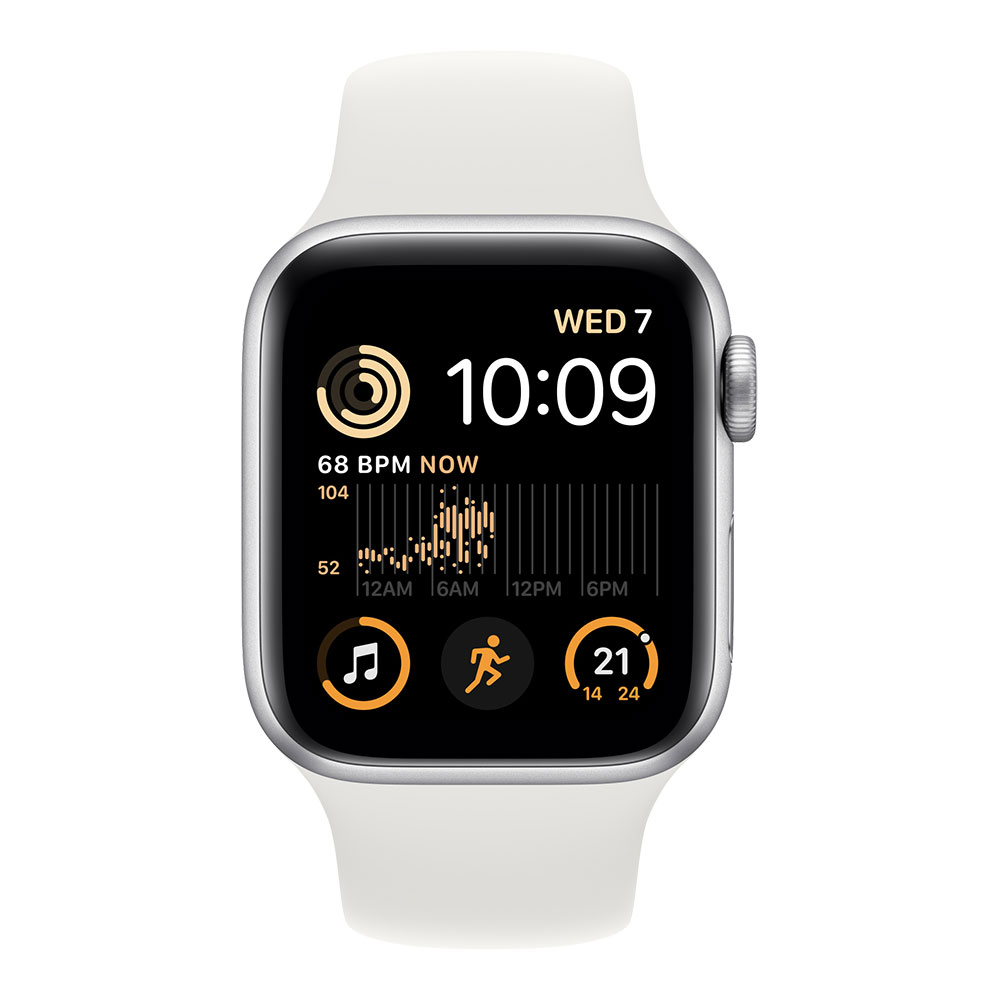 Apple Watch SE, 40 мм, корпус серебристого цвета, ремешок белого цвета