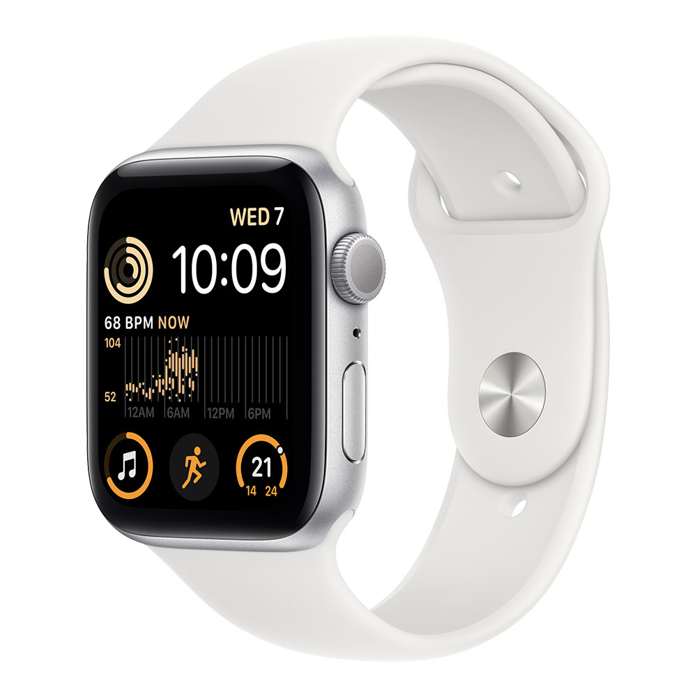 Apple Watch SE, 44 мм, корпус серебристого цвета, ремешок белого цвета