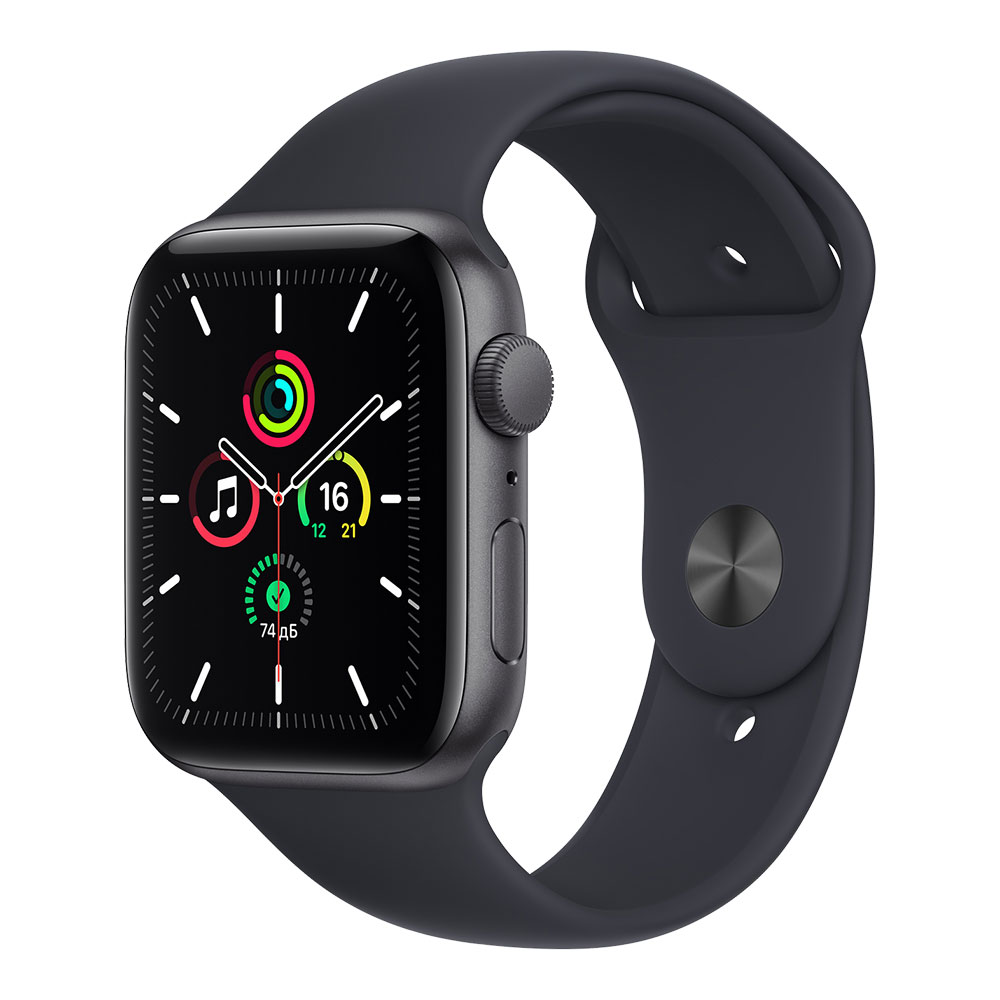 Apple Watch SE, 44 мм, корпус цвета серый космос, ремешок цвета тёмная ночь